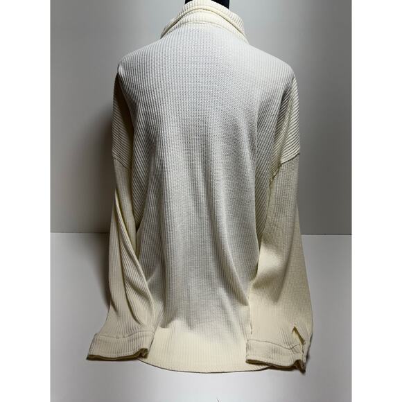 Ivory Waffle Button Up Women’s Shirt Ling Sleeve Sz L Thermal Loose Fit - Picture 2 of 8